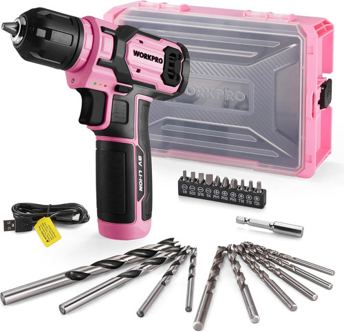 WORKPRO Pink Power Drill Set and Stackable Tool Box, 8V Cordless