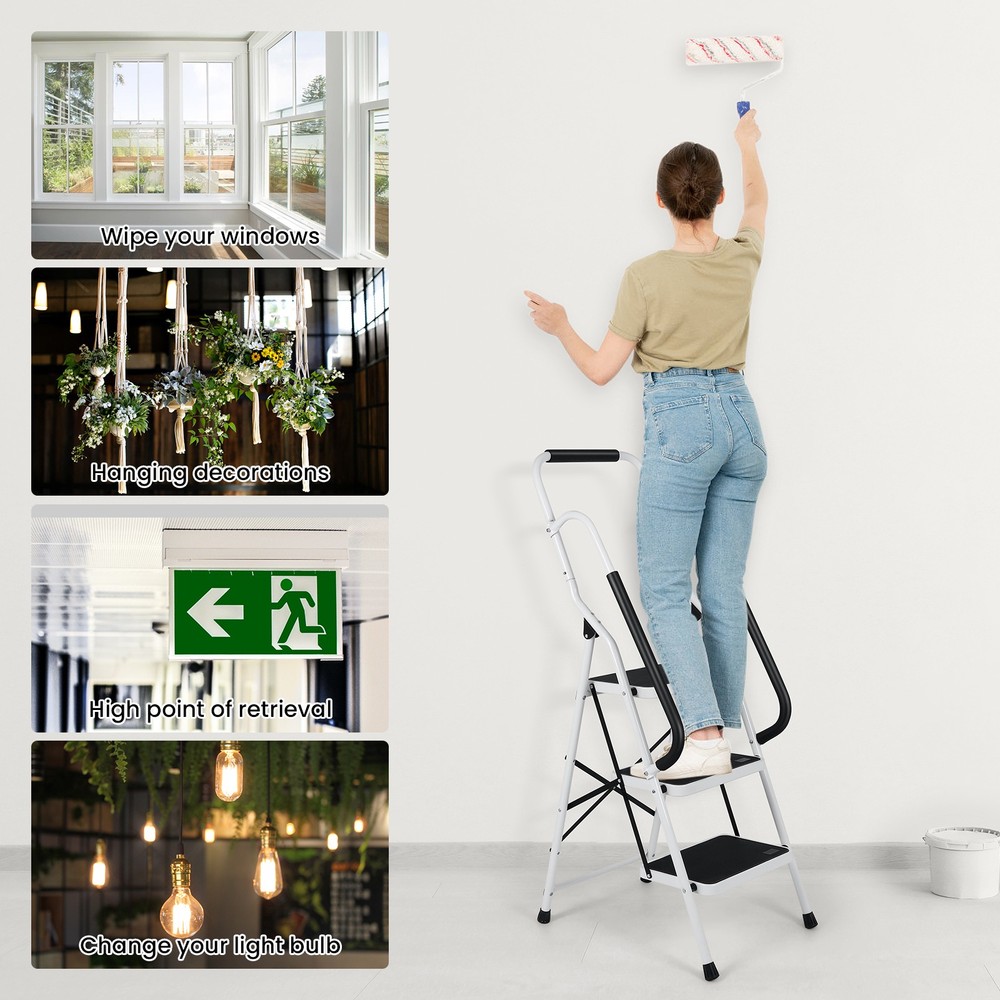 3 Step Ladder with Hankdrails, Portable Folding Step Stool with Safety