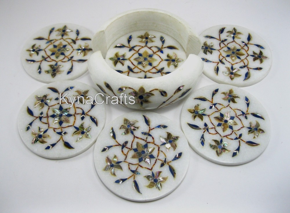 4.5 Inches White Marble Giftable Coaster Set Gemstone Inlay Work Tea Coaster Set