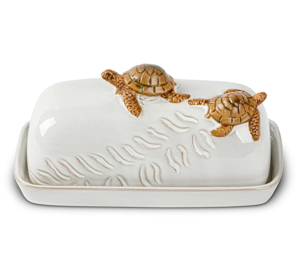 Turtle Stylish Ceramic Butter Dish Covered with Lid and Handle - 4x8, White