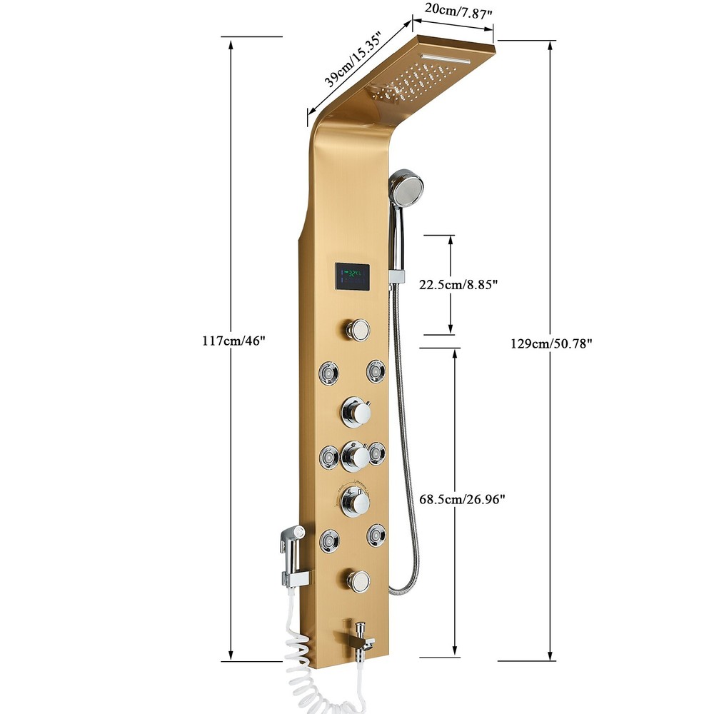 Gold Stainless Steel Shower Panel Tower System LED Rainfall Massage Jet Sprayer
