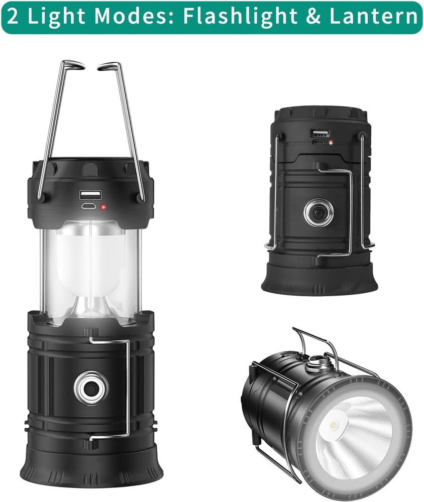 LED Camping Lantern, Solar and Rechargeable Lantern Flashlight Black
