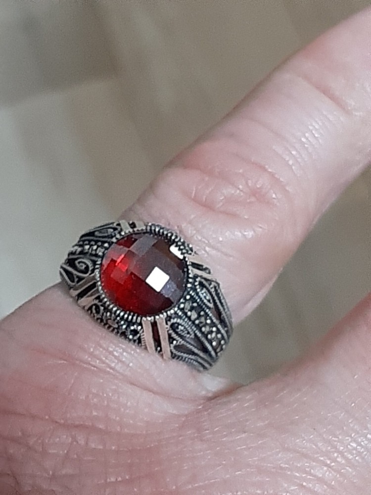 MENS 925 SILVER RING Red Tourmaline Solitaire Ruby Sterling Ring $