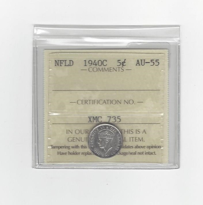 1940c, ICCS Graded Newfoundland, Five Cent, **AU-55**