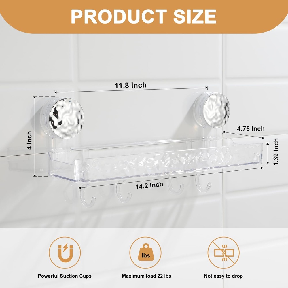 Suction Shower Organizer, No Drill Bath Rack, 4 Adjustable Hooks, Clear