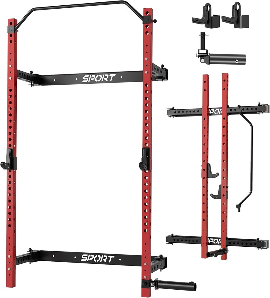 Wall Mounted Folding Power Cage Squat Rack for Home Gym Bench Pull Up Training