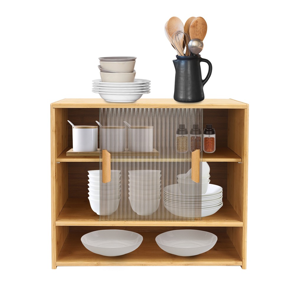 Kitchen Sideboard Bamboo Storage Cabinet with 2 Sliding Door Cupboard Sideboard