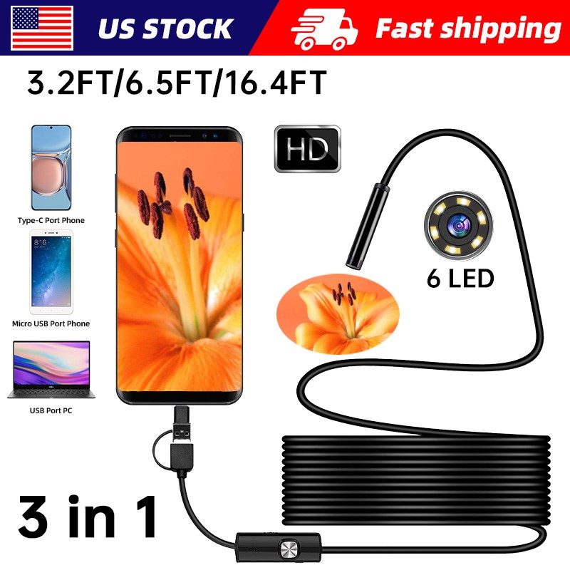 6LED USB Snake Endoscope Borescope Camera for Android Phone Type C HD Inspection