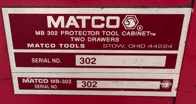 MATCO MB-302 2 Drawer 1 Shelf Locking Side Hanging Cabinet Tool Chest Box + Key