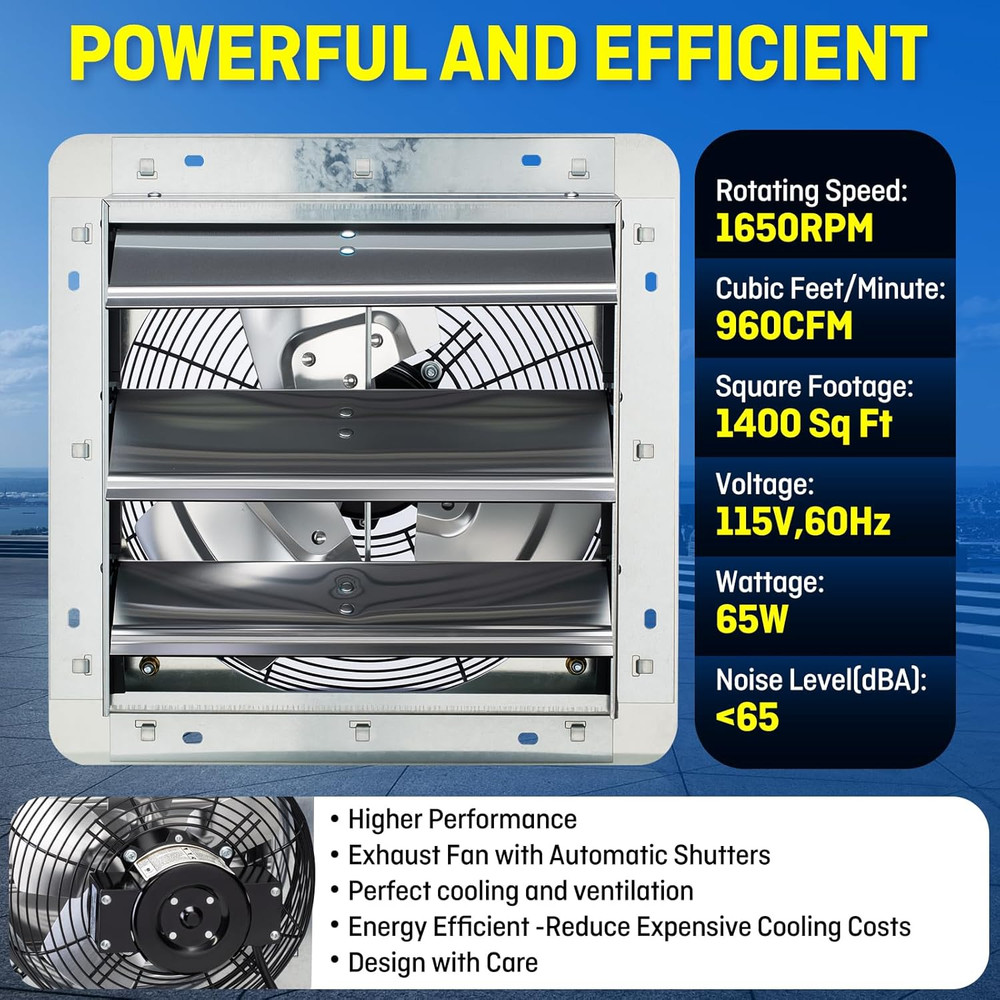 12" Wall Mounted Shutter Exhaust Fan, Automatic Shutter, with Thermostat and Var