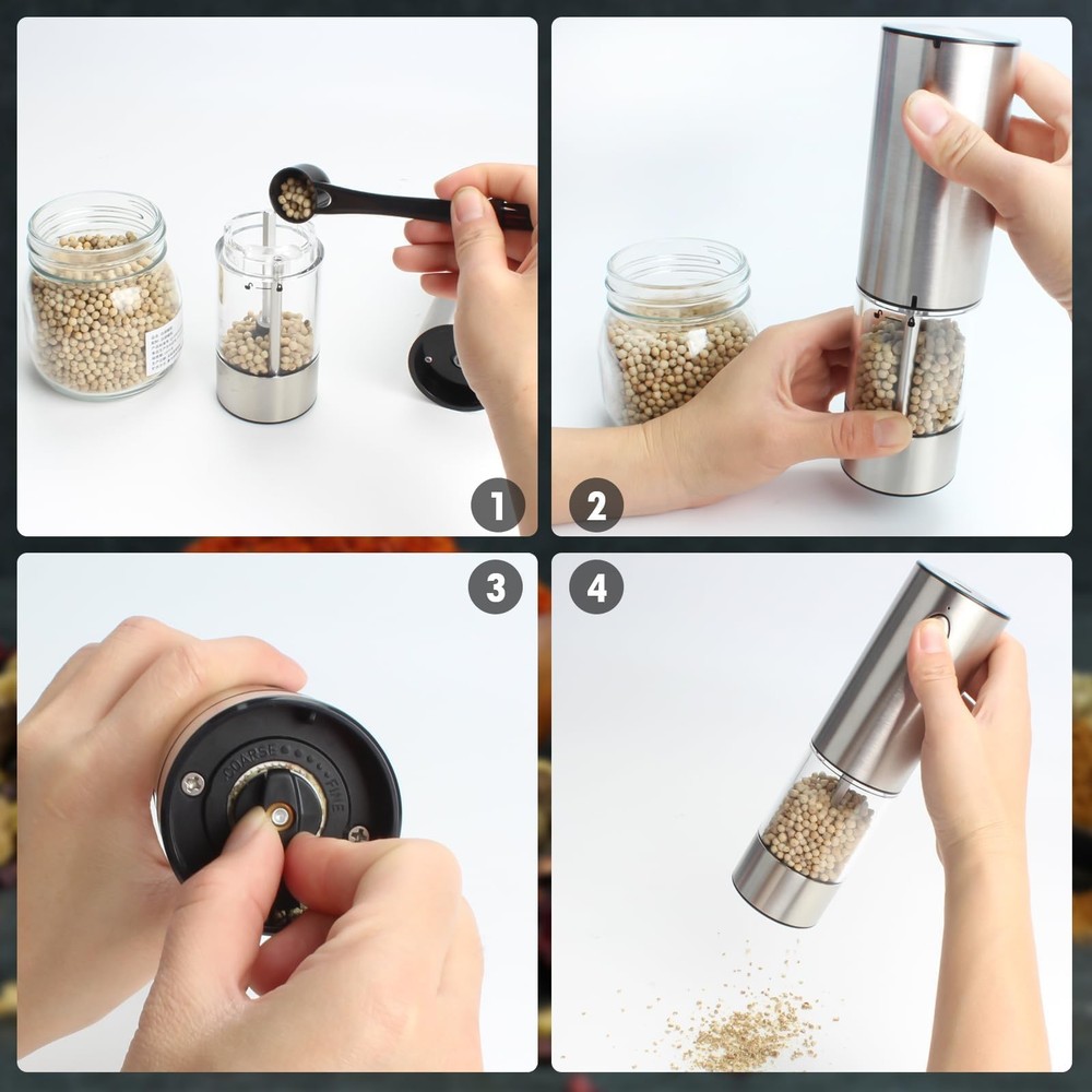 Salt & Pepper Grinder - Automatic Spice Mill Set with Adjustable Coarseness -...