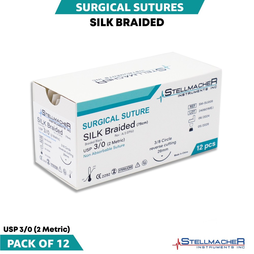 3/0 Silk Braided Sutures Sterile Threads & Needles Training Suture 12 Pcs Pack