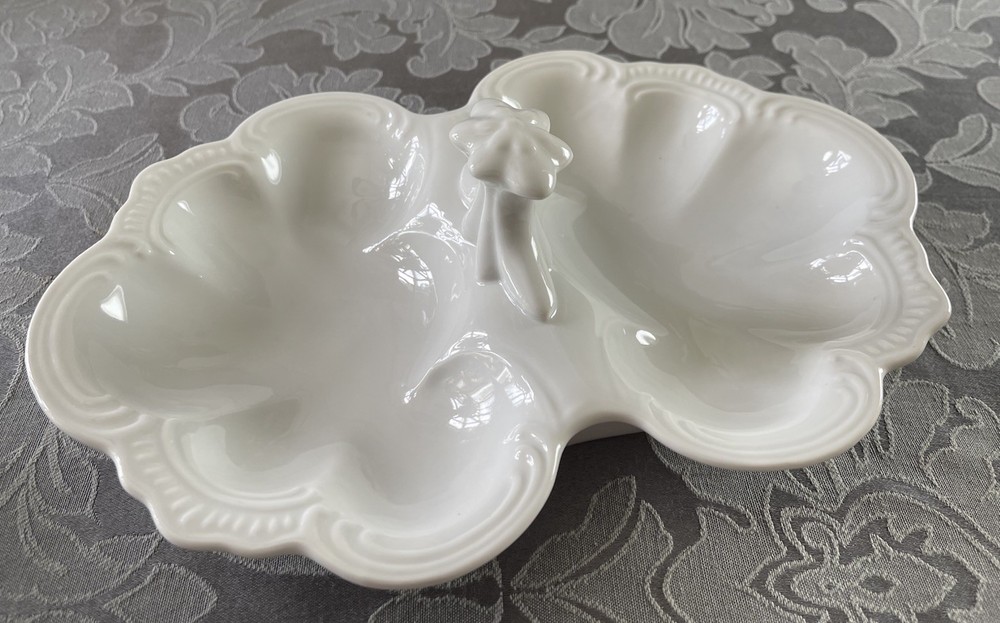 Antique White Divided Filigree Serving Dish with Handle