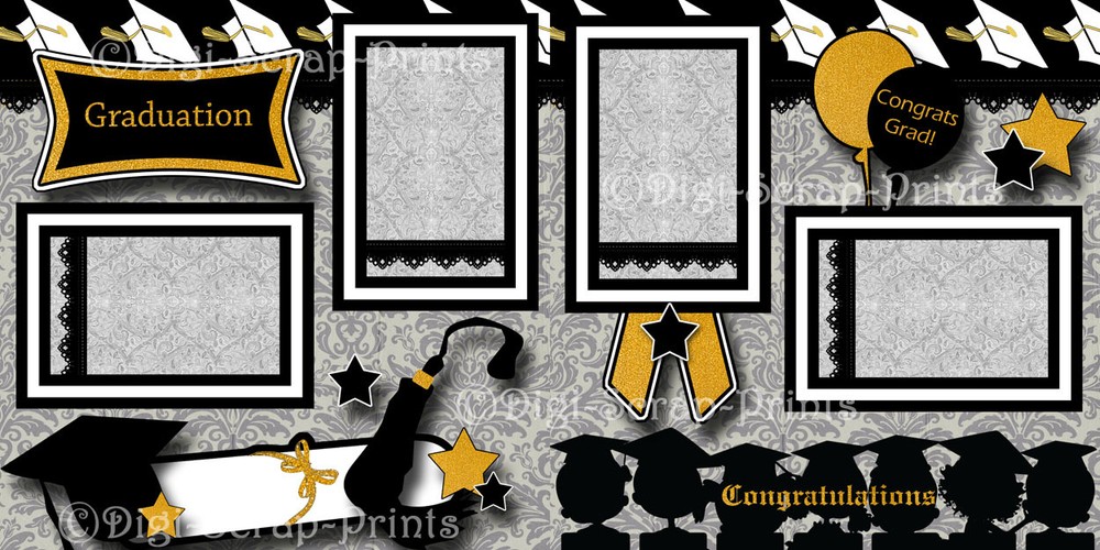 GRADUATION ~ 2 pre-made scrapbook pages paper piecing layout school ~ DIGISCRAP