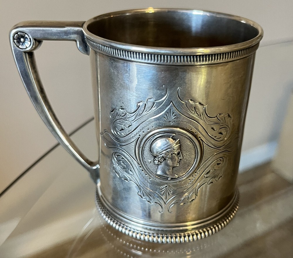 Gorham Sterling Silver Medallion Mug Cup 4” Tall Double Medallions