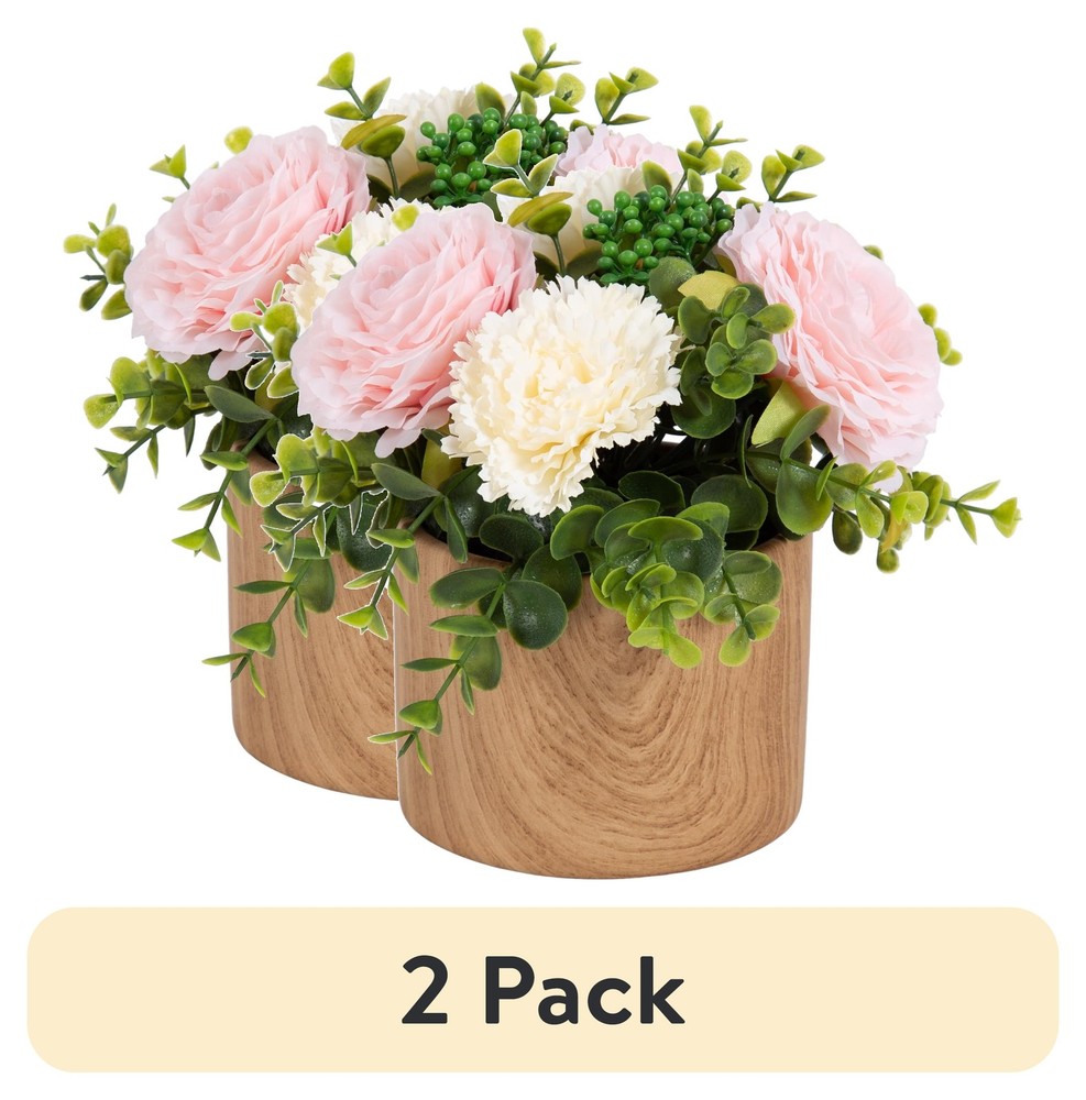 (2 pack 4.5” Artificial Floral in Wood Grain Ceramic Container