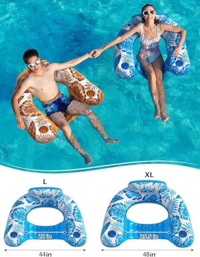 Inflatable Pool Float Chair - 2 Pack Pool Floaties Large TropicalBlue+Gold