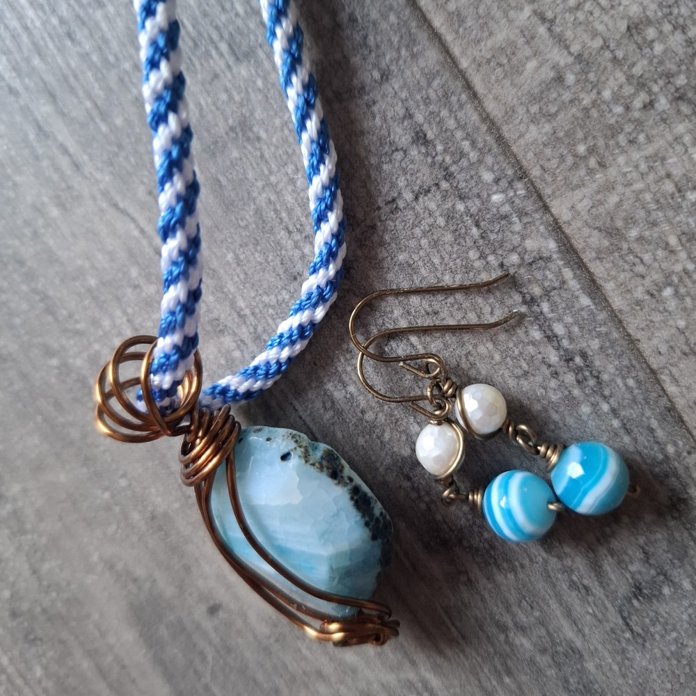 Statement Wire Wrapped Boho Blue Stone Style Necklace And Earrings Set Boho
