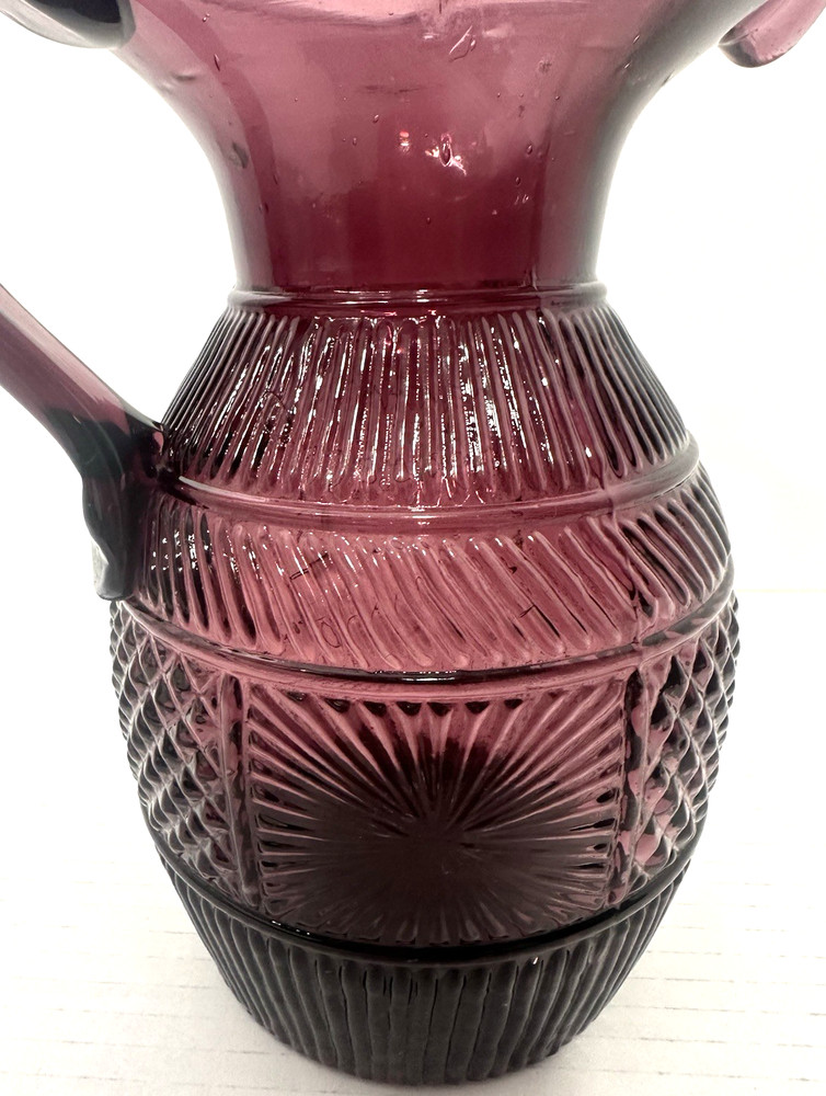 Vintage Amethyst Glass Pitcher With Embossed Design & Applied Handle 8"