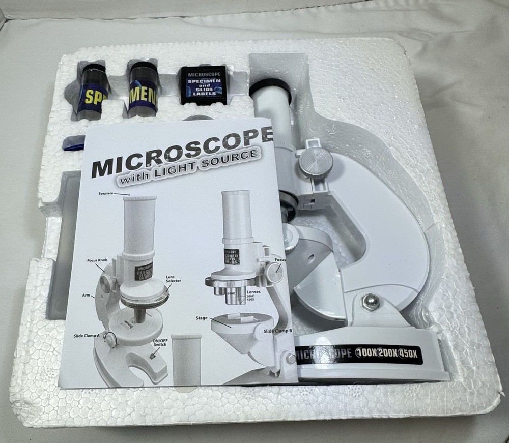 Stem White Microscope Kit W/ Light Source 100, 200, 450 Magnification Complete