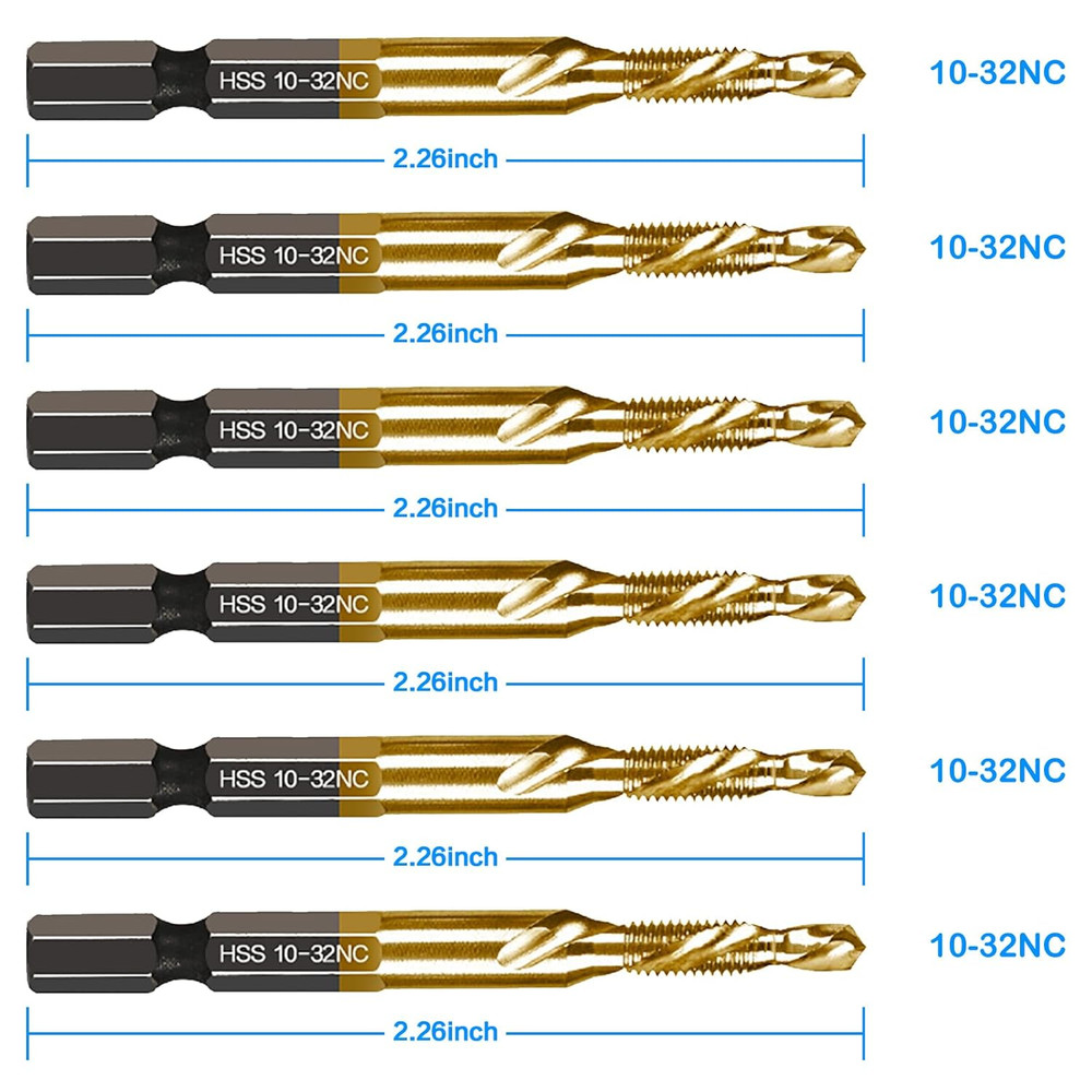 6-Pc 10-32NC Combination Drill Tap Bit Set SAE, 10-32NC Thread Size, Titanium C