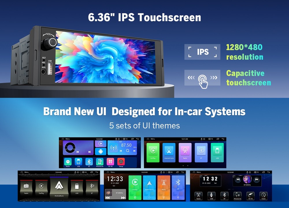 Single 1 DIN 6.36" Touchscreen Stereo Wireless CarPlay Android Auto w/ Bluetooth