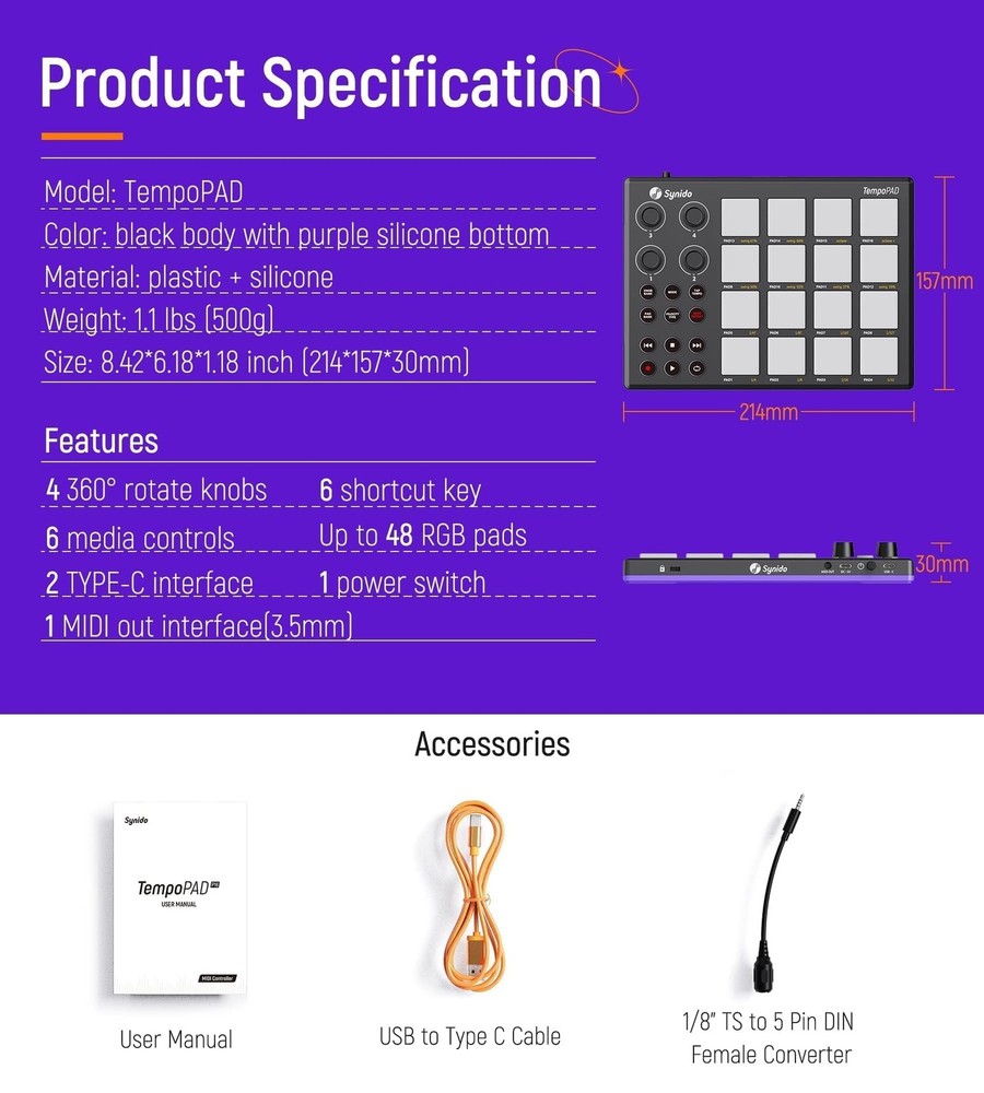 TempoPAD MIDI Drum Controller, 16 RGB Backlit Beat Pads, 4 Assignable Knobs, ...