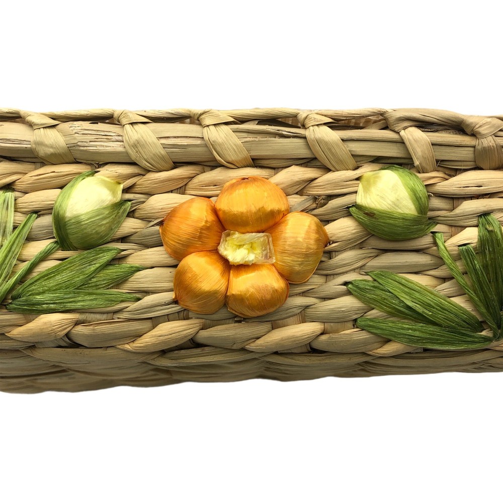Vintage Handmade LINROSE Floral Rectangular Serving Basket Raffia Wicker