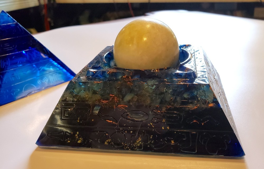 Large Orgonite Pyramid with Crystal Sphere Included.