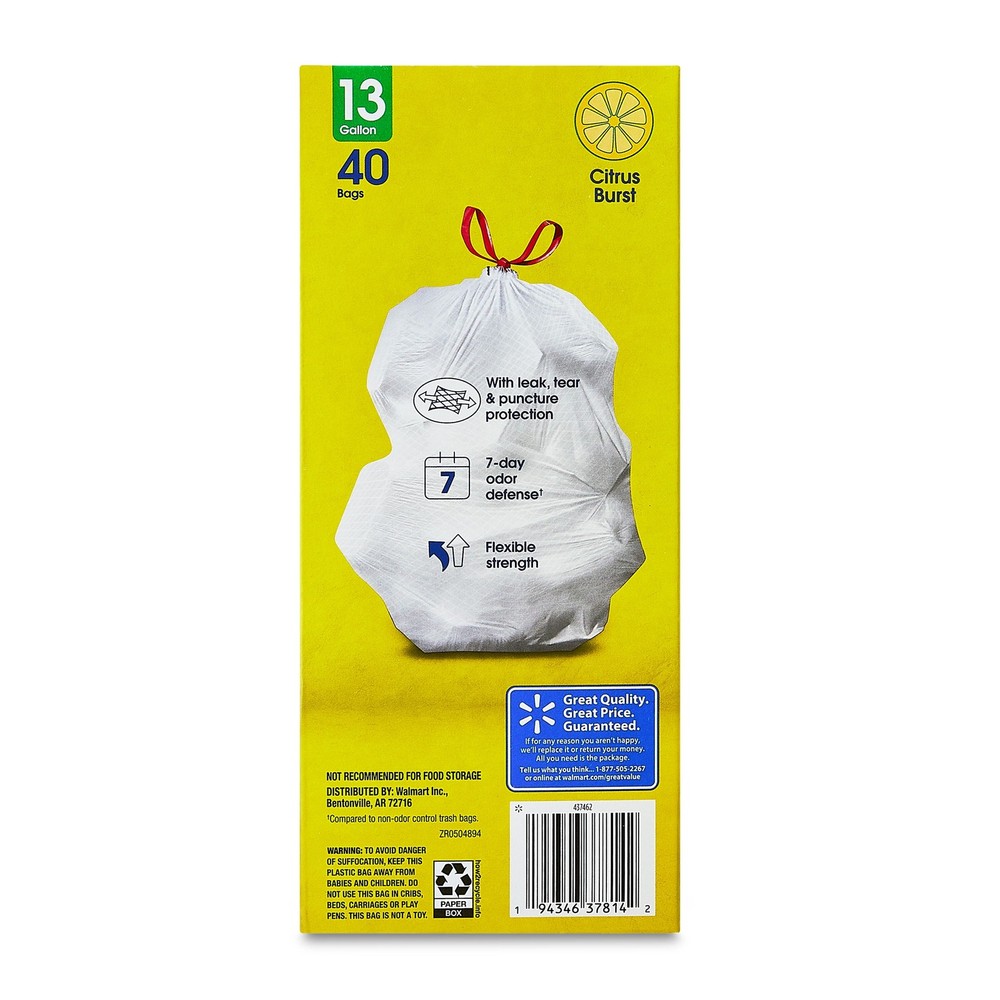 Strong Flex 13-Gallon Drawstring Tall Kitchen Trash Bags, Citrus Burst, 40 Count