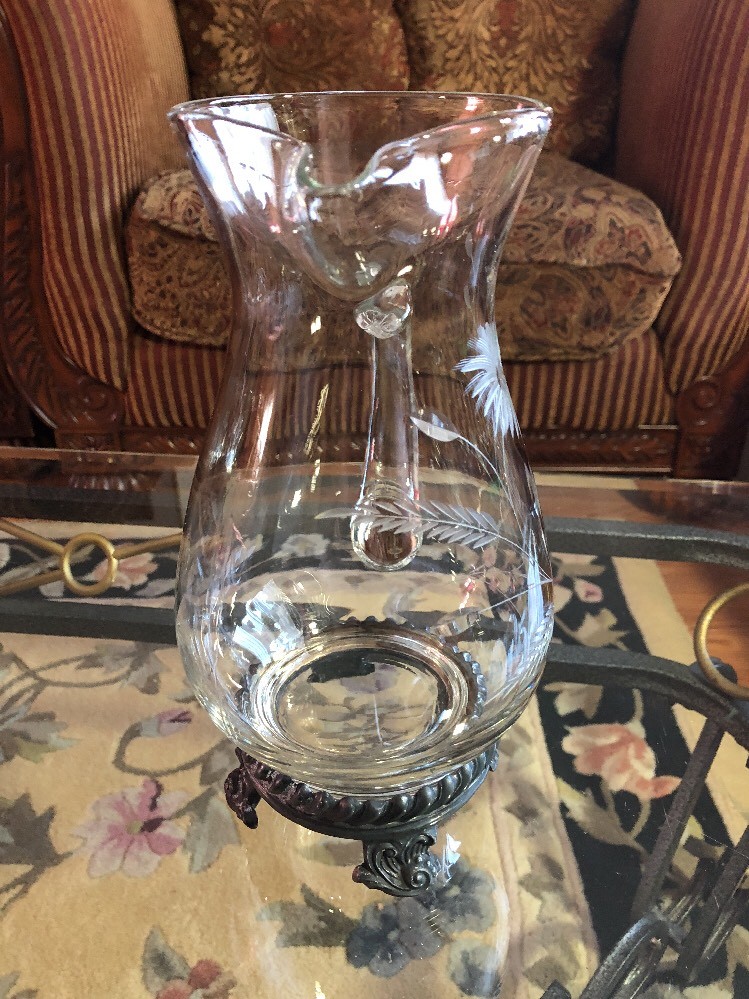 Antique Etched Glass Wheat Quadruple silver Base Pitcher