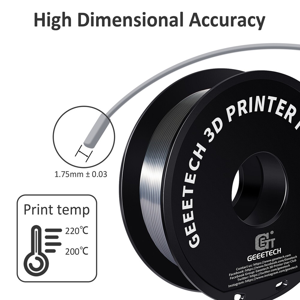 Geeetech 3D Printer Filament Silk PLA Silver 1.75mm 1KG Per Roll Consumables US