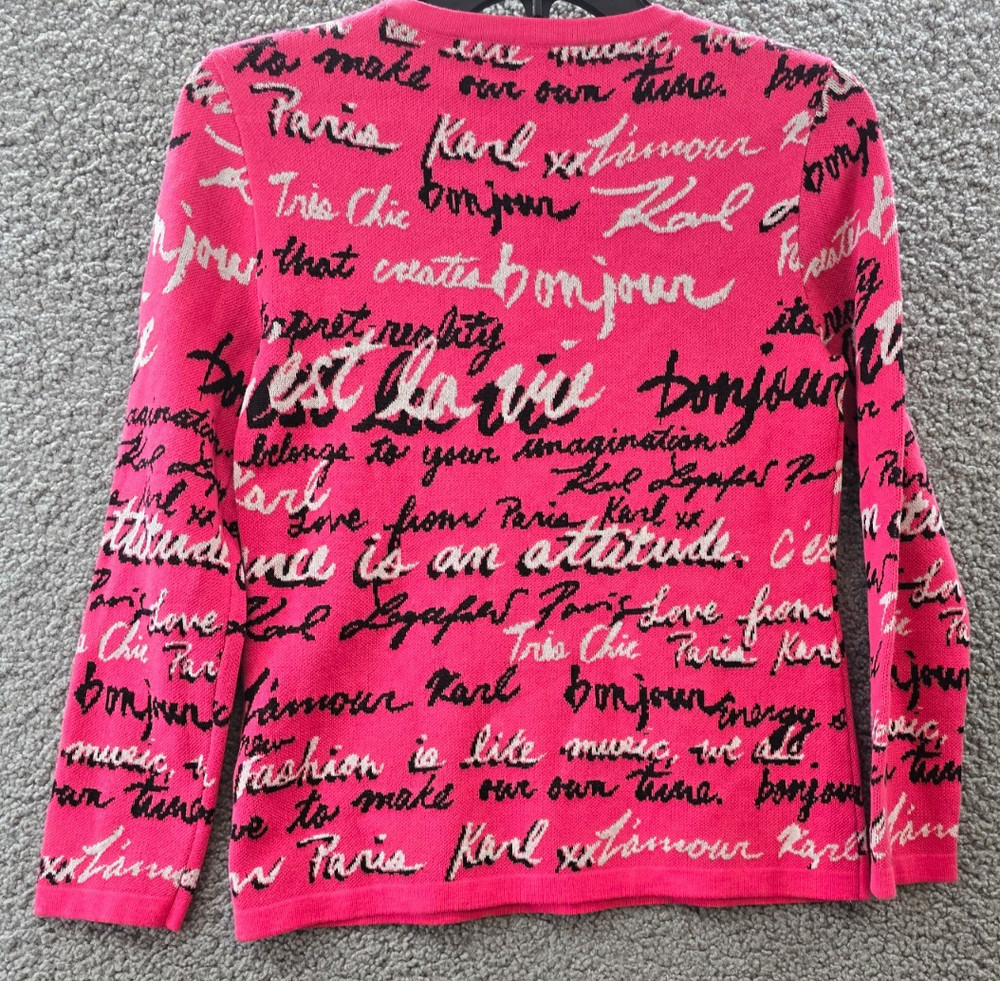 KARL LAGERFELD PARIS Allover Script Sweater Women's XS Teaberry Multi Pullover
