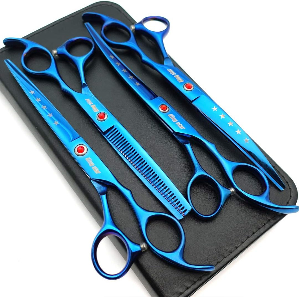 7.0In Titanium Blue Professional Pet Grooming Scissors Set,Straight & Thinning &