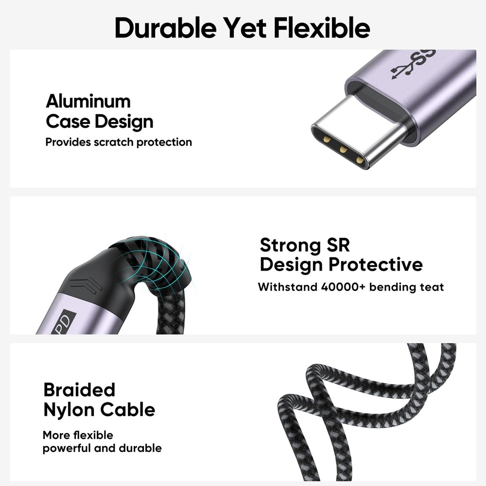 USB C Extension Cable 6 inch Short, Full-Function Extender 0.5 Feet, Grey