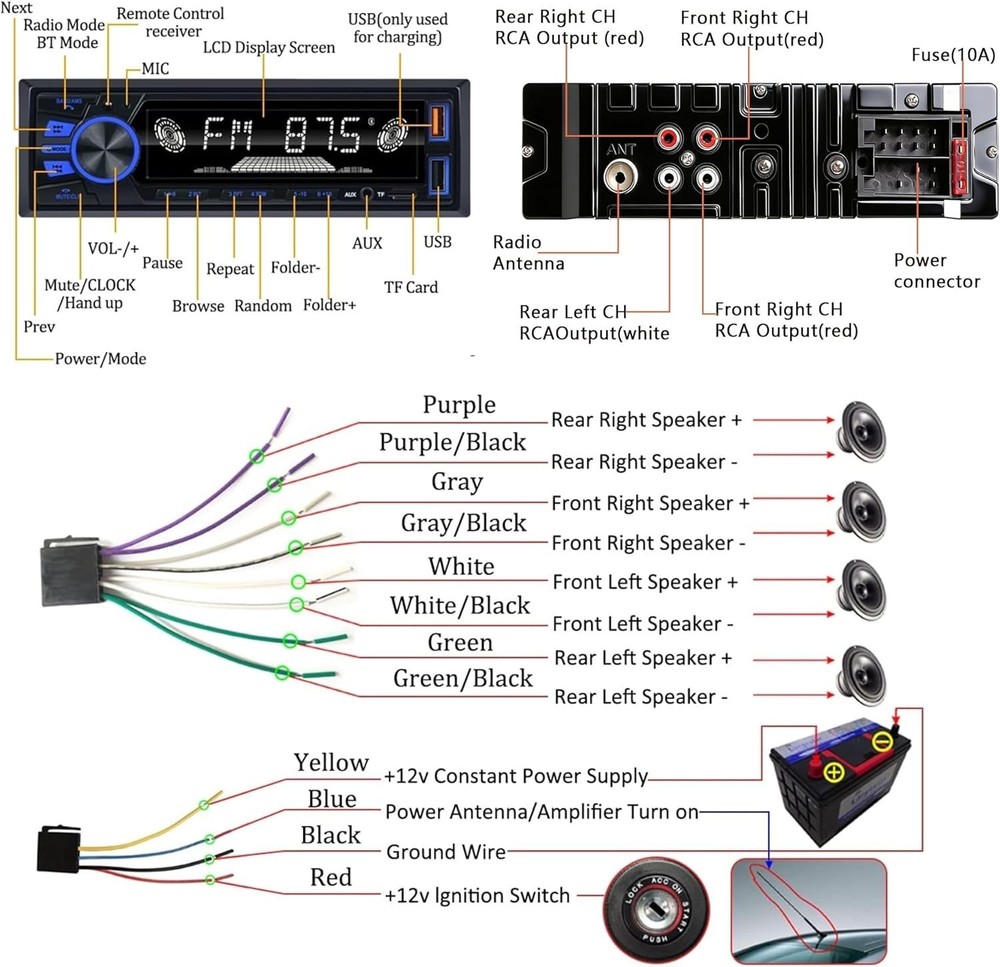 Bluetooth Single DIN Car Stereo – Fast Charging, 7 LED Modes & App Control