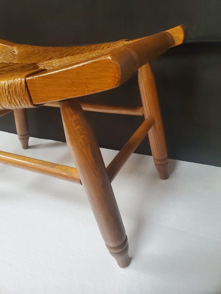 Mid Century Solid Wood Woven Rush Footstool