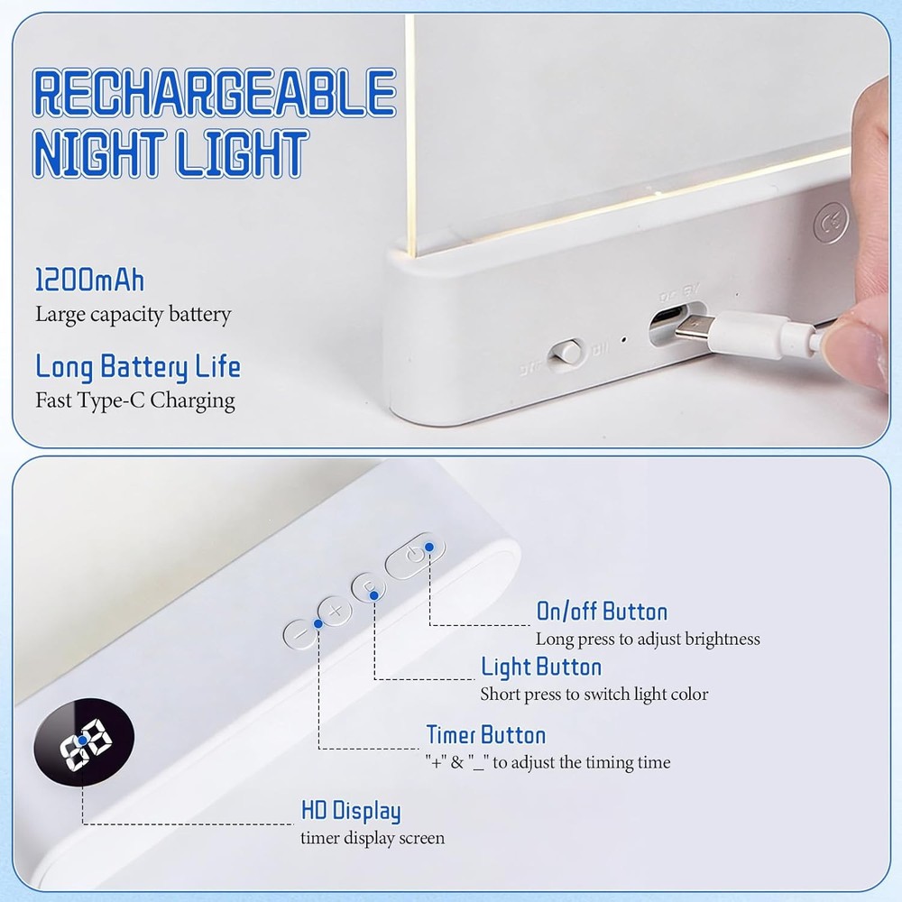 Night Reading Light: Flat Rechargeable LED Panel, 3 Colors, Timer, Eye Care