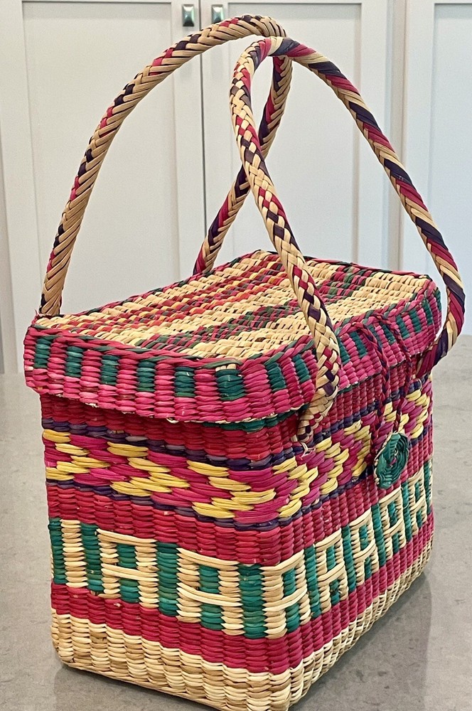 Handmade Woven Multicolor Straw Basket Made In Mexico