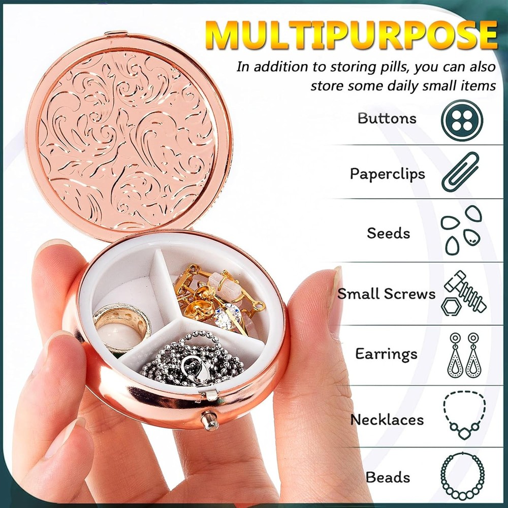 Pill Box 3 Compartment Pockets or Wallet Case Small, Silver+black+rose