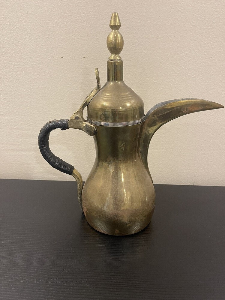 Vintage Dallah Middle Eastern  Brass Coffe Pot/Pitcher 11”with Leather Handle