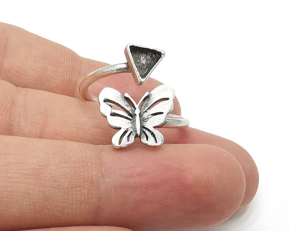 Butterfly Ring Blank Base Silver Round Setting Cabochon Adjustable Brass G26171