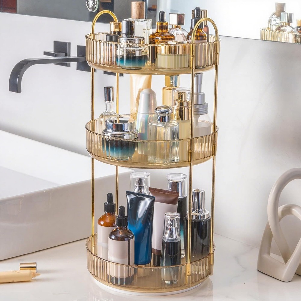 360 Rotating Makeup Organizer, Yellow, Unisex, 3 Tier Countertop Storage, Fit...