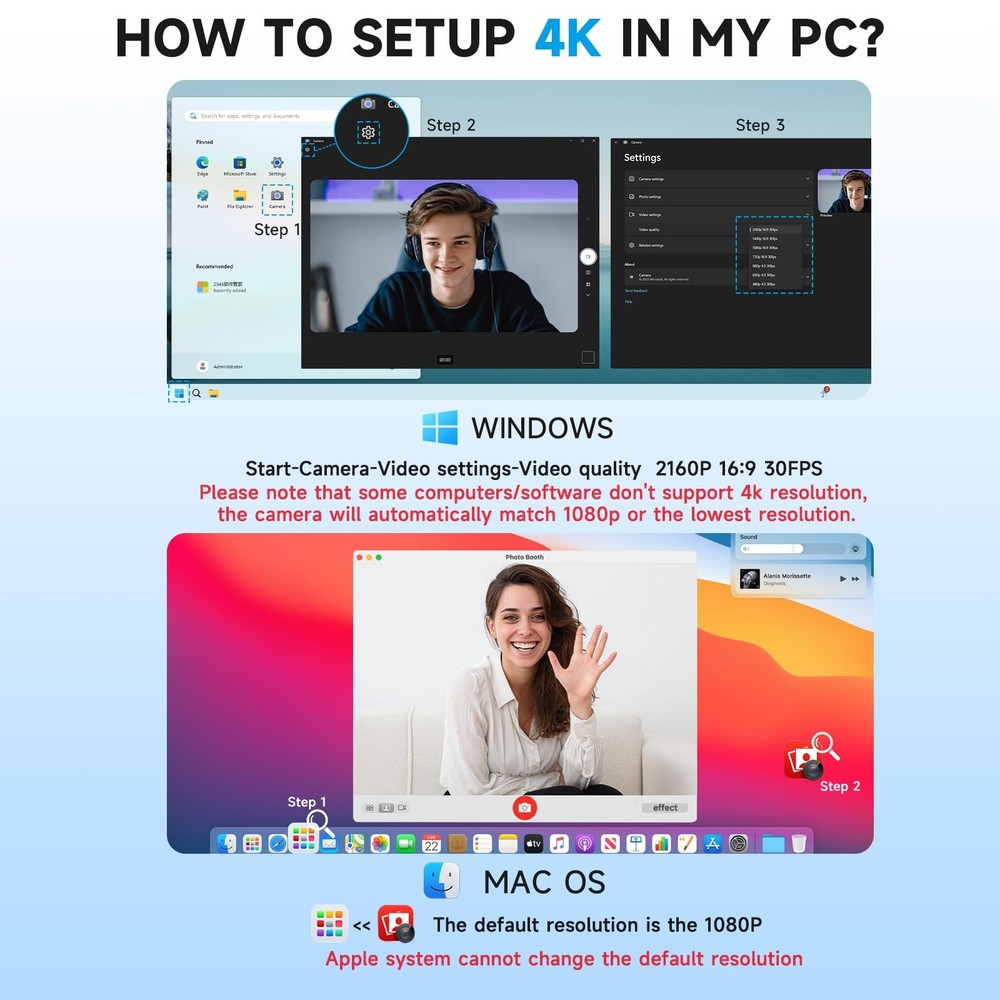 4k Webcam for PC with Microphone, Computer Camera with Noise Cancellation, Pr...