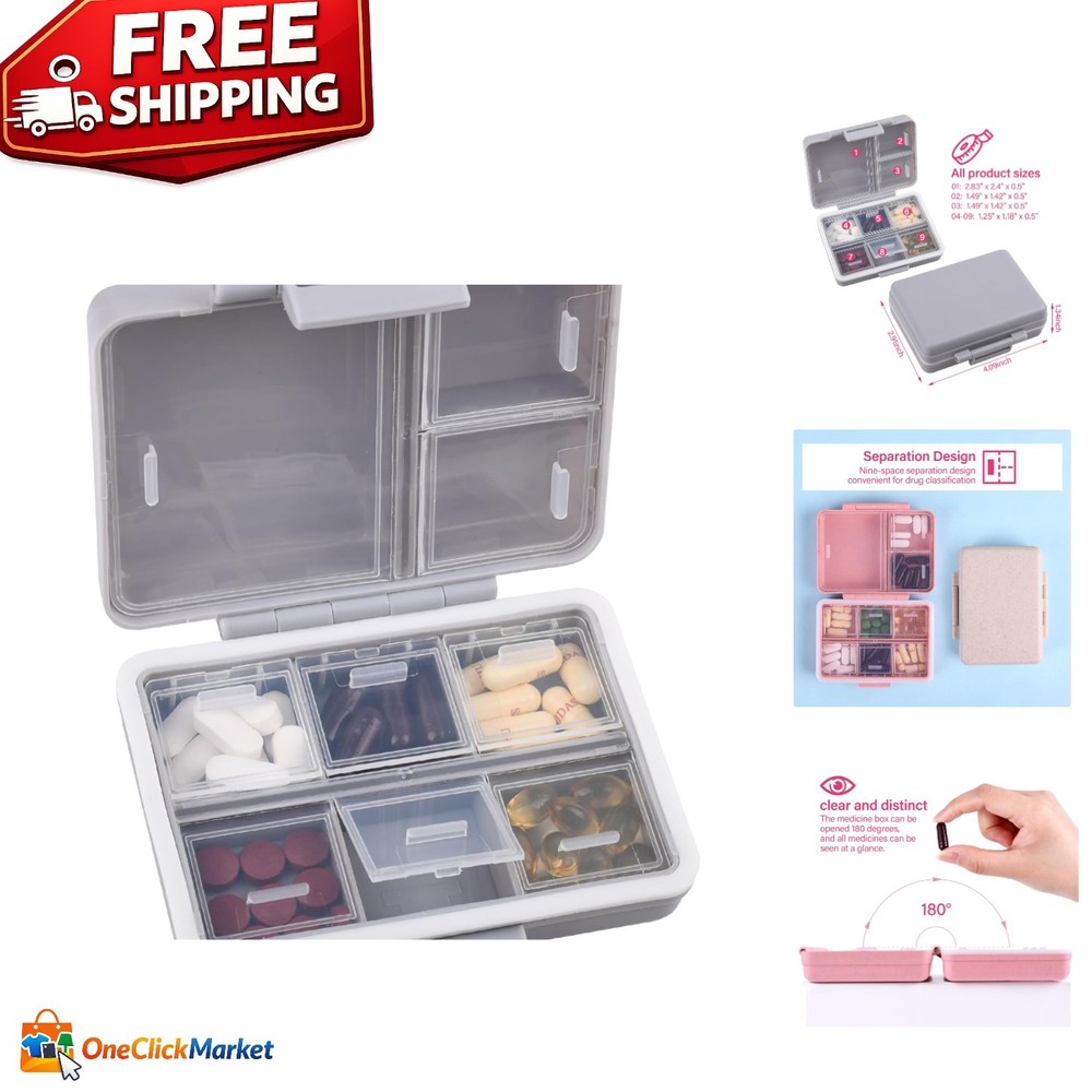 Moisture-Proof 9-Compartment Pill Case - Secure Grey Pill Organizer for Vitamins