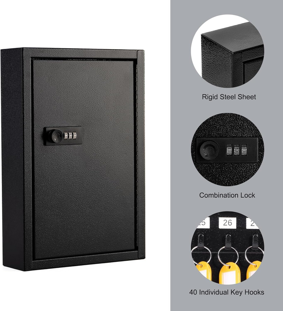 Wall-Mount Key Cabinet with Code – Metal Lock Box for 40 Keys, Includes Tags & S