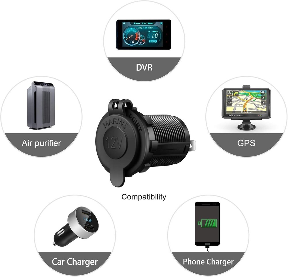 Versatile 12V Waterproof Power Outlet Socket with Long Wire & Installation Kit