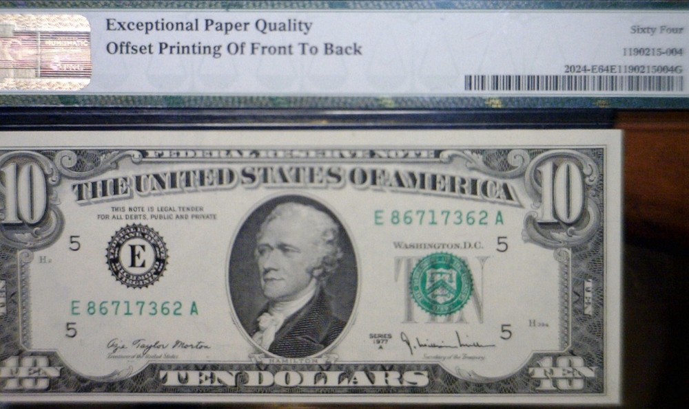 1977A ERROR PMG MS64 Off Set Front /Back $10 CH CU Federal Reserve Note Currency