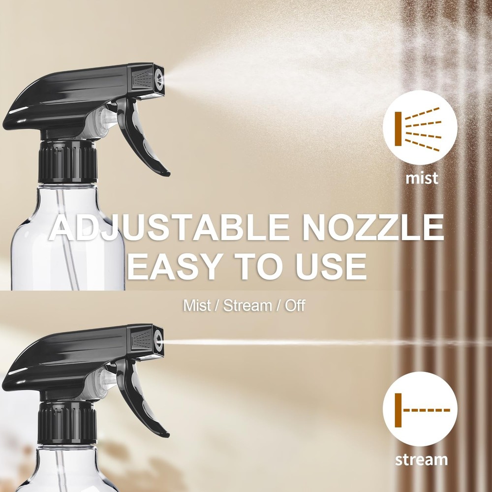 2Pack 10 oz Spray Bottles, Adjustable Mist & Stream, BPAFree Refillable Clear