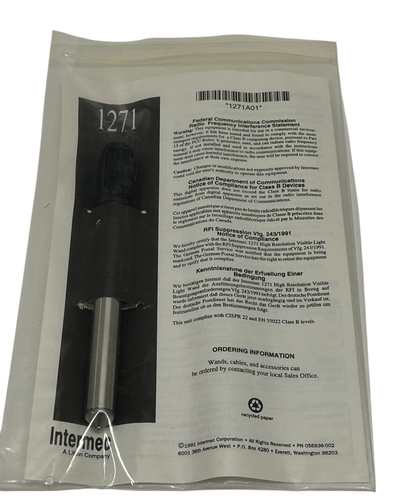 Intermec Honeywell Barcode Scanner Wand Only 1271A01  Pen New